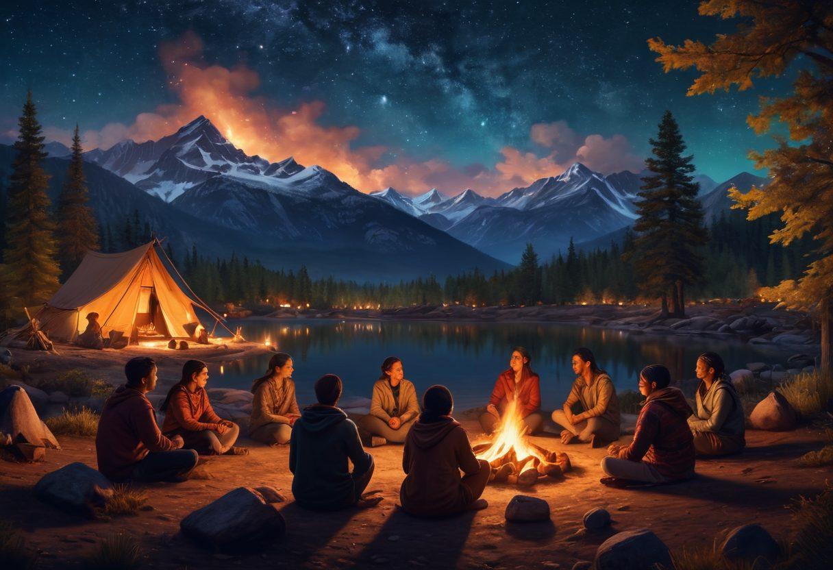 A diverse group of people gathered around a glowing campfire sharing stories under a starry night sky, with cultural symbols and artifacts around them representing different traditions. Warm, inviting light illuminating their faces, showing joy and connection. In the background, silhouettes of mountains and trees to enhance the sense of exploration and community. super-realistic. vibrant colors. nighttime setting.